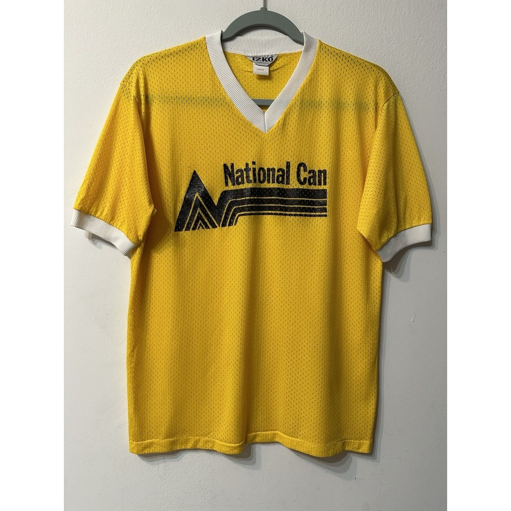 Vintage 70s 80s IZKO National Can Mesh Jersey Shirt Yellow V-Neck USA Made Large